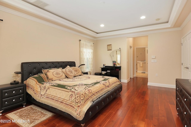 118 Timber Hill Dr, Monroe, NJ 08831 - bedroom featuring wood-type flooring, crown molding, a raised ceiling, recessed lighting, and baseboards