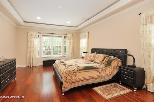118 Timber Hill Dr, Monroe, NJ 08831 - bedroom with wood-type flooring, ornamental molding, a tray ceiling, recessed lighting, and baseboards