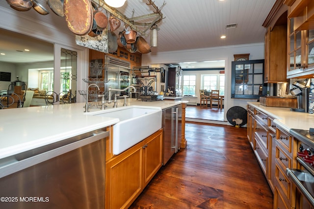 1 Beechwood Ter, Matawan, NJ 07747 - kitchen featuring crown molding, a sink, light countertops, dark wood finished floors, and recessed lighting