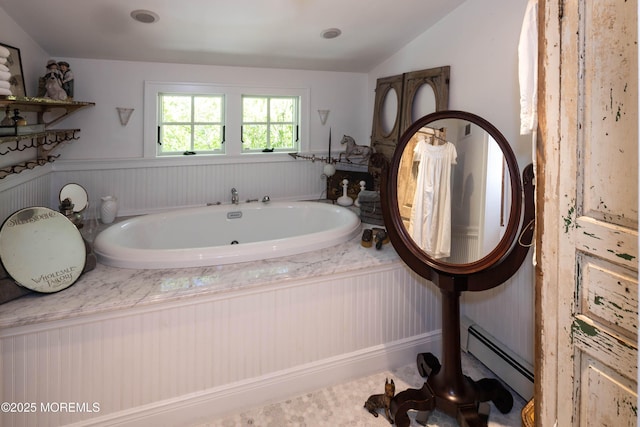 1 Beechwood Ter, Matawan, NJ 07747 - full bath with lofted ceiling, wainscoting, a whirlpool tub, and a baseboard heating unit