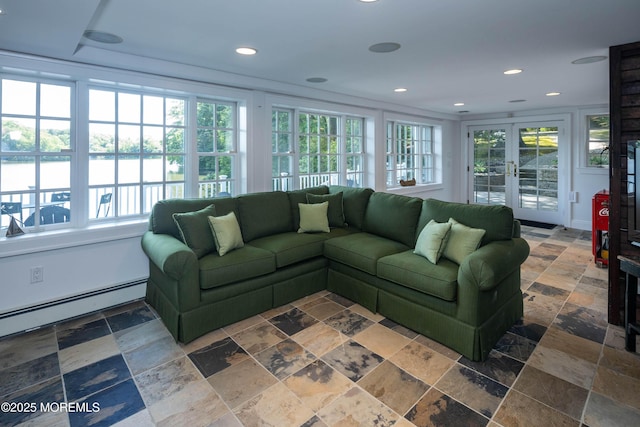 1 Beechwood Ter, Matawan, NJ 07747 - sunroom / solarium with french doors, plenty of natural light, baseboard heating, and a water view