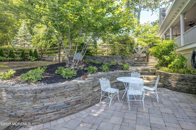 1 Beechwood Ter, Matawan, NJ 07747 - fenced backyard featuring outdoor dining area, a patio, and ceiling fan