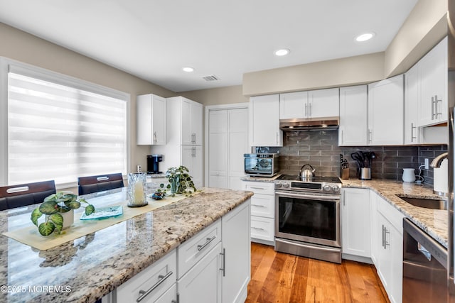1016 7th Ave, Toms River, NJ 08757 - kitchen with appliances with stainless steel finishes, under cabinet range hood, a sink, white cabinets, and recessed lighting