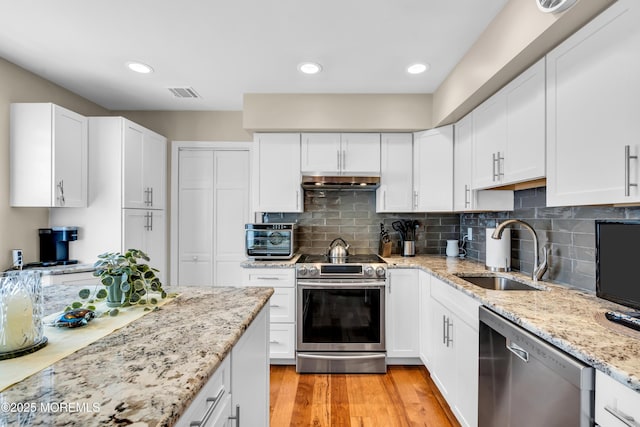 1016 7th Ave, Toms River, NJ 08757 - kitchen with appliances with stainless steel finishes, a sink, under cabinet range hood, white cabinetry, and decorative backsplash
