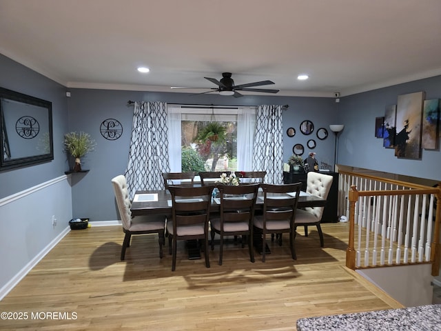 19 Fordham Rd, Jackson, NJ 08527 - dining area with light wood-type flooring, a ceiling fan, baseboards, ornamental molding, and recessed lighting