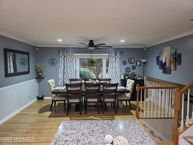 19 Fordham Rd, Jackson, NJ 08527 - dining area with light wood-style floors, ceiling fan, baseboards, stairway, and recessed lighting