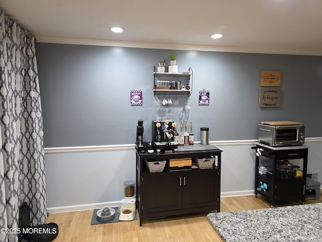 19 Fordham Rd, Jackson, NJ 08527 - indoor dry bar featuring ornamental molding, light wood finished floors, and recessed lighting
