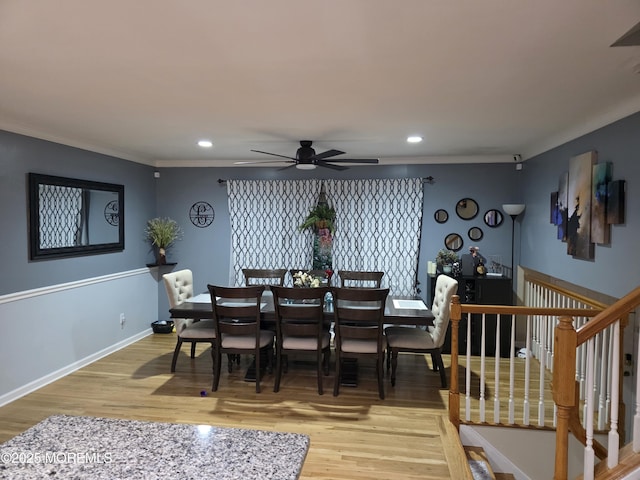 19 Fordham Rd, Jackson, NJ 08527 - dining area featuring wood finished floors, a ceiling fan, crown molding, recessed lighting, and stairs