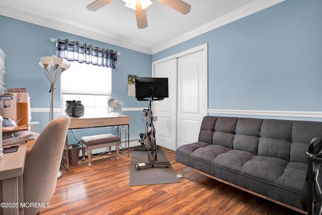 1 Sophia Ct, Toms River, NJ 08757 - office space with ceiling fan, wood finished floors, crown molding, a baseboard radiator, and baseboards