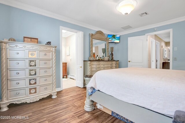 1 Sophia Ct, Toms River, NJ 08757 - bedroom featuring baseboard heating, light wood-type flooring, ornamental molding, ensuite bath, and baseboards