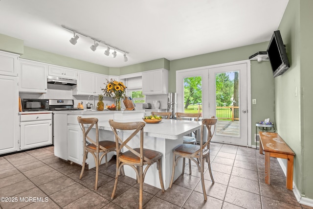 3404 Sandpiper Way, Allenwood, NJ 08720 - kitchen with under cabinet range hood, white cabinets, light countertops, and a breakfast bar
