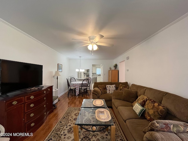 12 Mallard St Unit A, Manchester, NJ 08759 - living room featuring ornamental molding, a ceiling fan, dark wood-type flooring, baseboards, and a chandelier