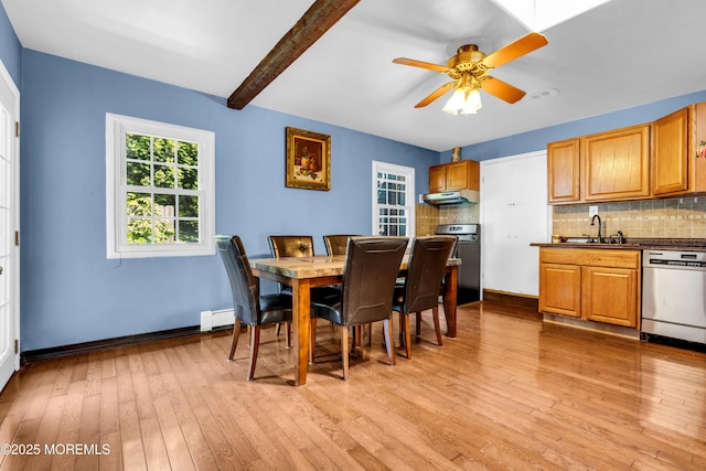 2419 Mallow St, Point Pleasant, NJ 08742 - dining space with a baseboard radiator, light wood-style floors, a ceiling fan, baseboards, and beamed ceiling