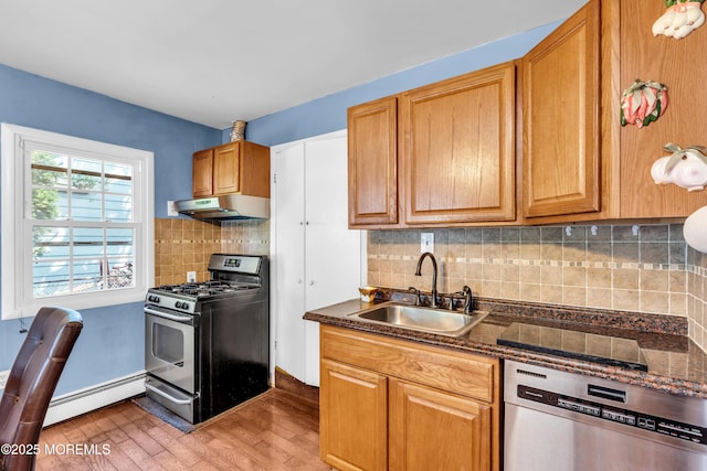 2419 Mallow St, Point Pleasant, NJ 08742 - kitchen with appliances with stainless steel finishes, a sink, under cabinet range hood, light wood-style floors, and baseboard heating