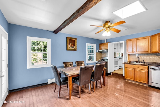 2419 Mallow St, Point Pleasant, NJ 08742 - dining room featuring a baseboard radiator, light wood-type flooring, beamed ceiling, a ceiling fan, and baseboards