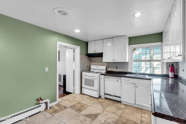 2419 Mallow St, Point Pleasant, NJ 08742 - kitchen featuring white appliances, under cabinet range hood, a baseboard heating unit, white cabinetry, and a sink