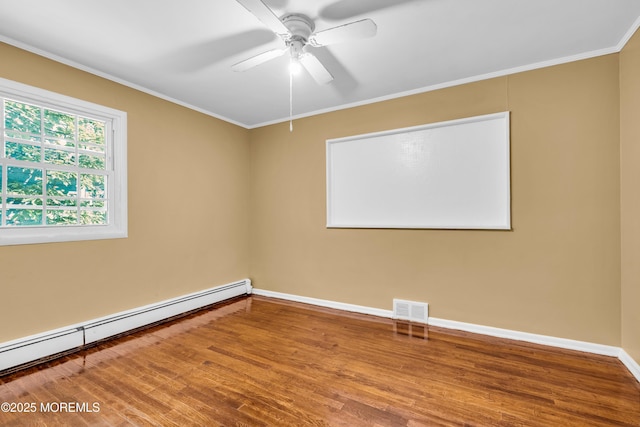 2419 Mallow St, Point Pleasant, NJ 08742 - unfurnished room featuring a baseboard radiator, wood finished floors, a ceiling fan, baseboards, and crown molding
