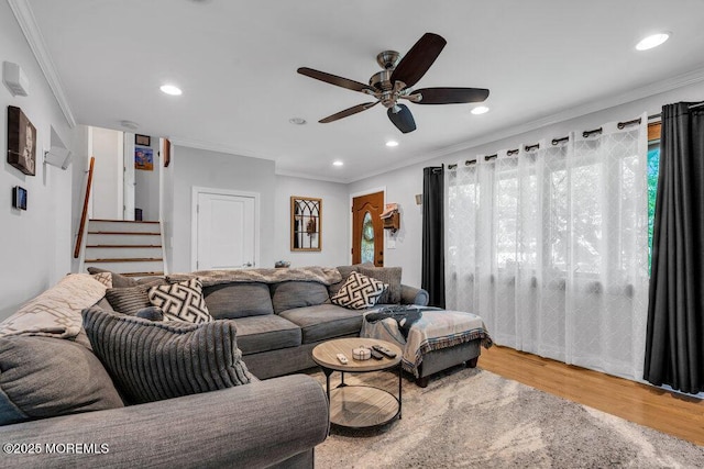 27 Barkalow Ave, Freehold, NJ 07728 - living area featuring recessed lighting, ceiling fan, wood finished floors, stairs, and ornamental molding