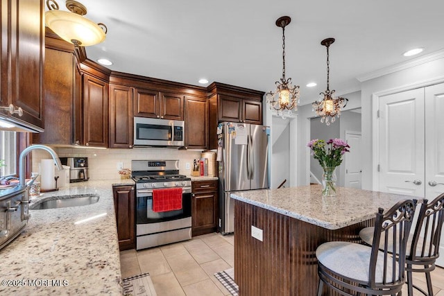 27 Barkalow Ave, Freehold, NJ 07728 - kitchen featuring stainless steel appliances, a sink, crown molding, tasteful backsplash, and recessed lighting