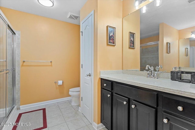 2420 Canterbury Ln, North Brunswick, NJ 08902 - bathroom featuring toilet, vanity, baseboards, a shower with door, and tile patterned floors