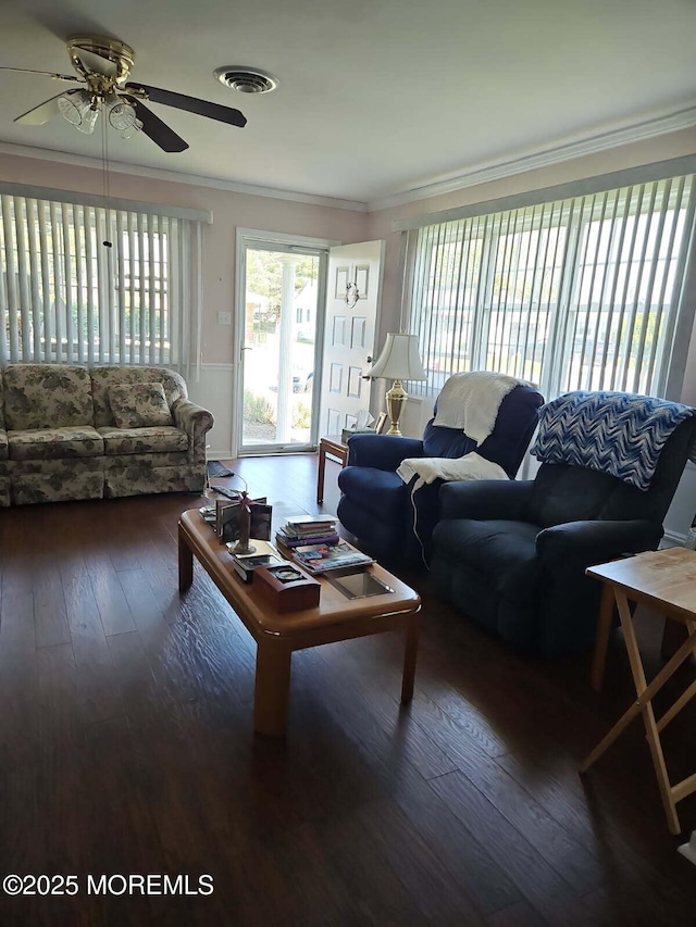 27 Maracaibo Pl, Toms River, NJ 08757 - living area with ornamental molding, a ceiling fan, and wood finished floors