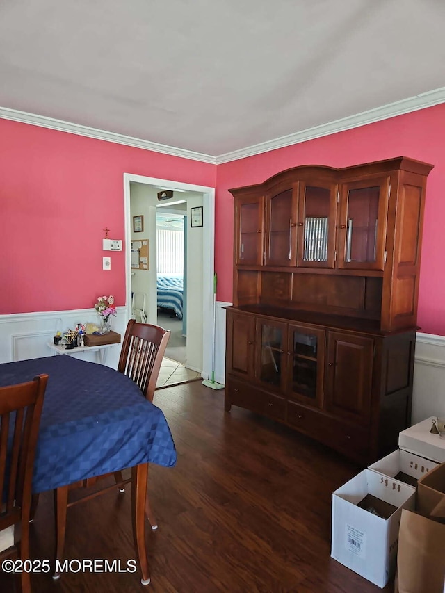27 Maracaibo Pl, Toms River, NJ 08757 - dining room with wainscoting, dark wood-type flooring, and ornamental molding