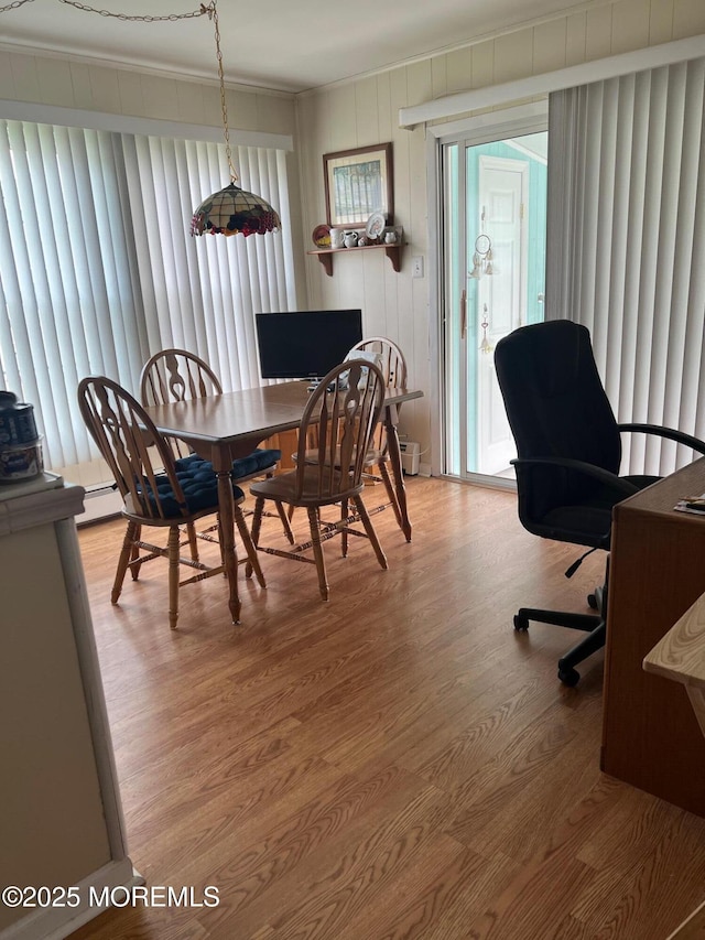 27 Maracaibo Pl, Toms River, NJ 08757 - dining area featuring crown molding, light wood-style floors, an office area, and a baseboard heating unit