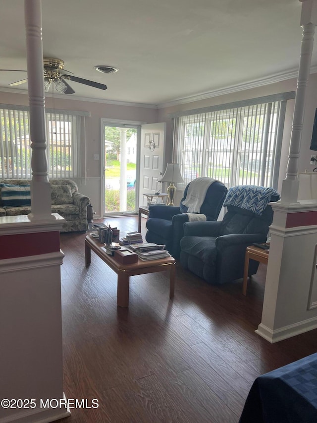 27 Maracaibo Pl, Toms River, NJ 08757 - living area with a ceiling fan, crown molding, wood finished floors, and a wainscoted wall