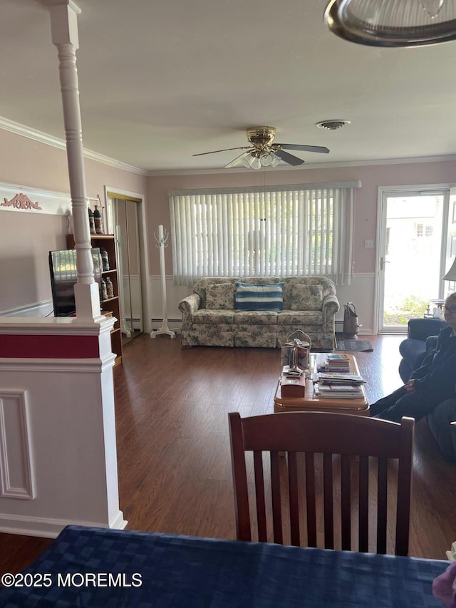 27 Maracaibo Pl, Toms River, NJ 08757 - living room featuring crown molding, a ceiling fan, and wood finished floors