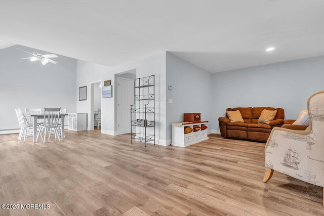 3 Drake Dr, Bayville, NJ 08721 - living room featuring light wood-type flooring, ceiling fan, baseboards, recessed lighting, and lofted ceiling