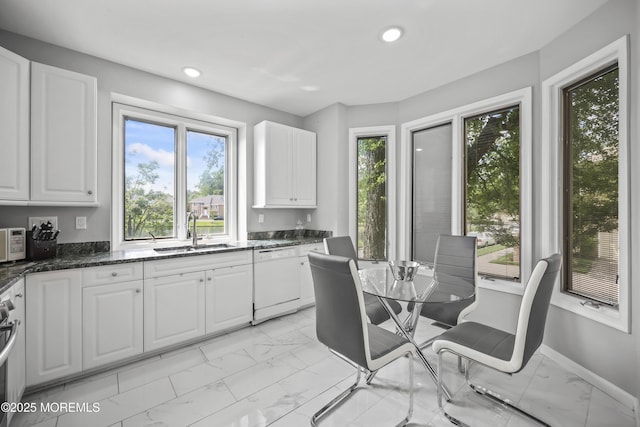 117 Sequoia Woods Ct, Holmdel, NJ 07733 - kitchen featuring white appliances, a sink, light marble finish floors, white cabinets, and recessed lighting