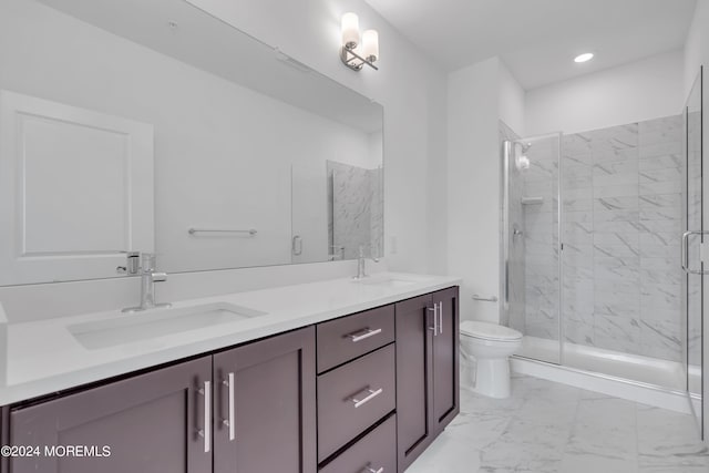 750 Lighthouse Dr Unit 1103, Barnegat, NJ 08005 - full bathroom featuring double vanity, toilet, a marble finish shower, marble look tiles, and recessed lighting