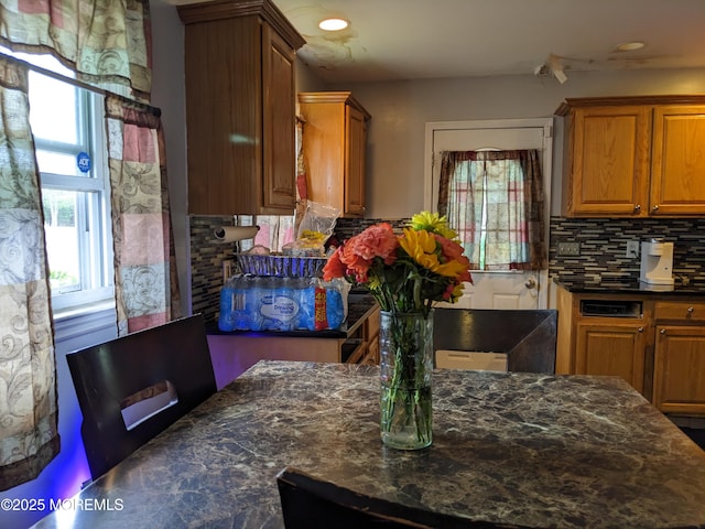 6 Hoover Dr, Brick, NJ 08724 - kitchen featuring tasteful backsplash, brown cabinetry, recessed lighting, and dark stone countertops