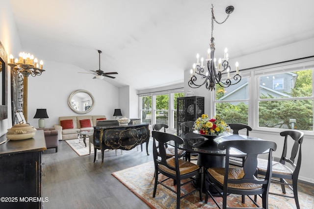 90 Old Bridge Dr, Howell, NJ 07731 - dining area featuring a chandelier, plenty of natural light, lofted ceiling, a ceiling fan, and wood finished floors
