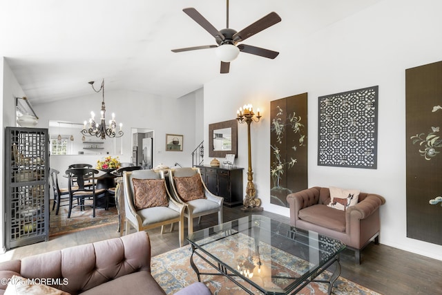90 Old Bridge Dr, Howell, NJ 07731 - living room featuring vaulted ceiling, a chandelier, wood finished floors, ceiling fan, and baseboards