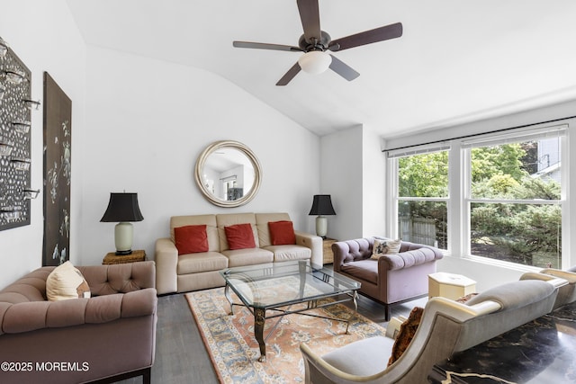 90 Old Bridge Dr, Howell, NJ 07731 - living room with lofted ceiling, wood finished floors, and a ceiling fan