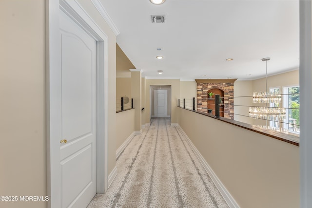 806 Turquoise Trl, Morganville, NJ 07751 - corridor featuring ornamental molding, a chandelier, recessed lighting, and light carpet