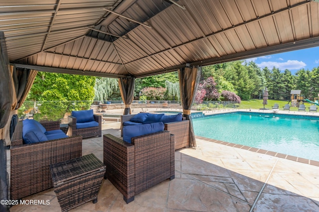 806 Turquoise Trl, Morganville, NJ 07751 - swimming pool featuring an outdoor living space, a patio, and a gazebo