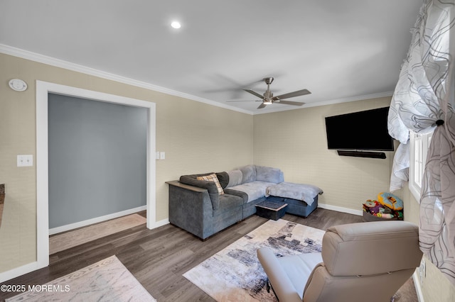 512 Highland Ter, Brick, NJ 08723 - living area with ornamental molding, wood finished floors, a ceiling fan, and baseboards
