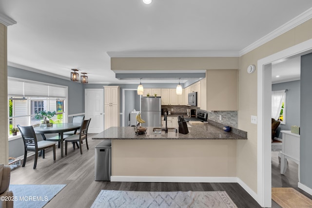 512 Highland Ter, Brick, NJ 08723 - kitchen featuring stainless steel appliances, a peninsula, backsplash, dark wood finished floors, and crown molding