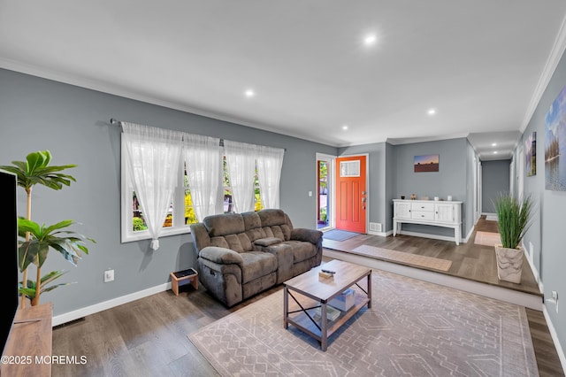 512 Highland Ter, Brick, NJ 08723 - living area featuring wood finished floors, crown molding, recessed lighting, and baseboards