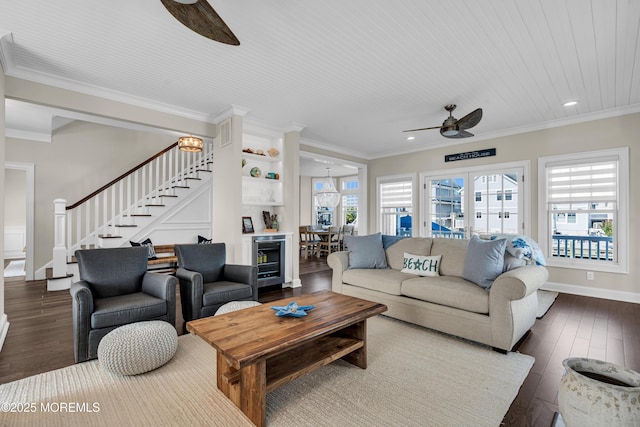 333 Barkentine Ln, Mantoloking, NJ 08738 - living area featuring a ceiling fan, stairway, dark wood-type flooring, ornamental molding, and baseboards