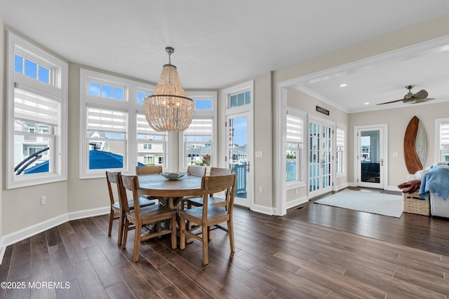 333 Barkentine Ln, Mantoloking, NJ 08738 - dining room with a chandelier, dark wood finished floors, baseboards, ornamental molding, and recessed lighting