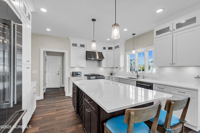 333 Barkentine Ln, Mantoloking, NJ 08738 - kitchen featuring appliances with stainless steel finishes, a sink, under cabinet range hood, dark wood finished floors, and decorative backsplash