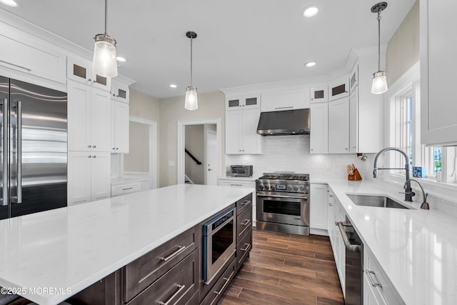 333 Barkentine Ln, Mantoloking, NJ 08738 - kitchen with high end appliances, under cabinet range hood, a sink, dark wood-style flooring, and white cabinetry