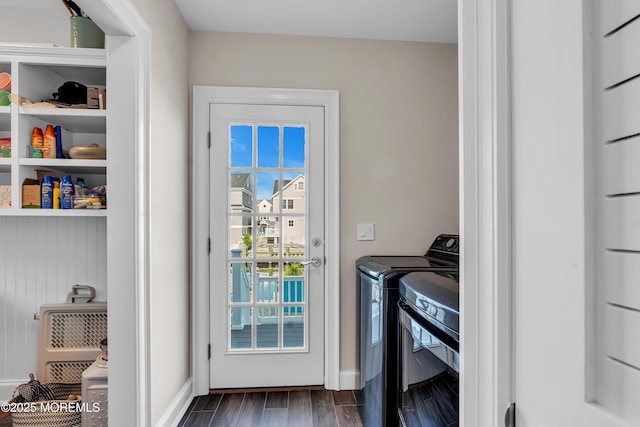 333 Barkentine Ln, Mantoloking, NJ 08738 - laundry room featuring dark wood-style floors, washer and dryer, and baseboards