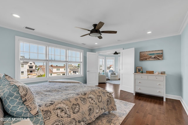 333 Barkentine Ln, Mantoloking, NJ 08738 - bedroom featuring crown molding, dark wood-style floors, baseboards, recessed lighting, and ceiling fan