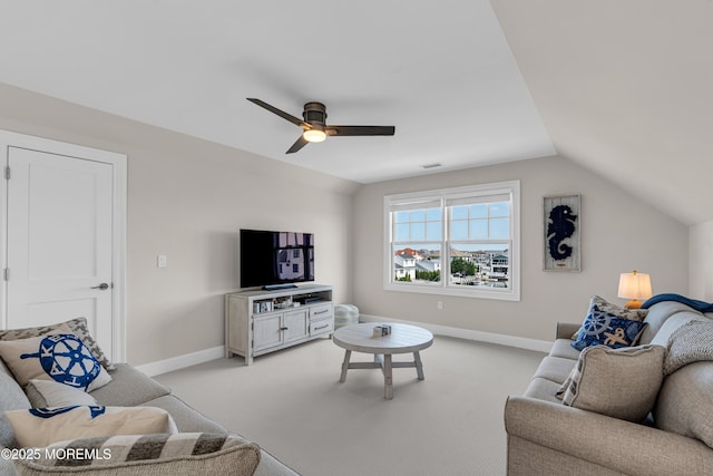 333 Barkentine Ln, Mantoloking, NJ 08738 - living room with light carpet, ceiling fan, baseboards, and vaulted ceiling