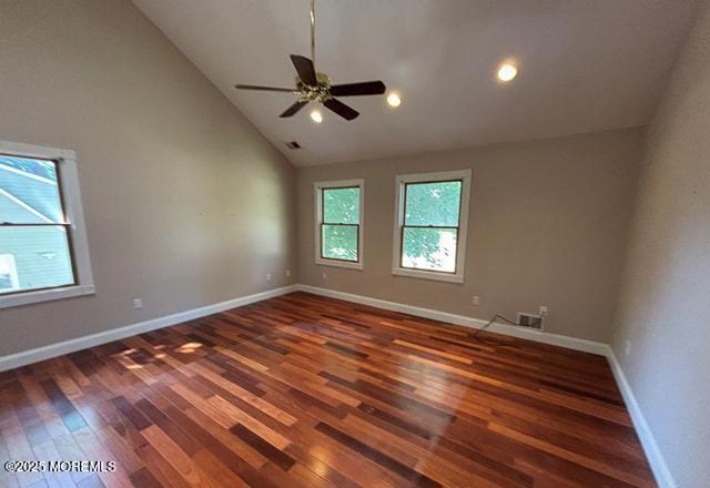 90 Statesir Pl, Red Bank, NJ 07701 - unfurnished room featuring wood finished floors, baseboards, a ceiling fan, high vaulted ceiling, and recessed lighting