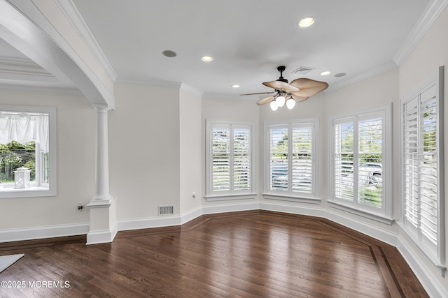 2117 Seagull Ter, Point Pleasant, NJ 08742 - empty room featuring ornate columns, plenty of natural light, wood finished floors, ceiling fan, and recessed lighting